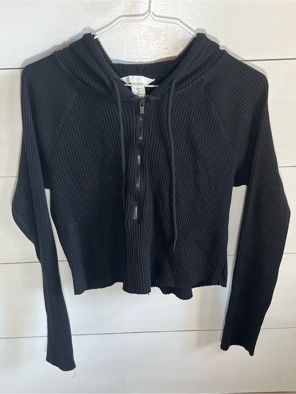 H&M Black Ribbed Cropped Half-Zip Hoodie